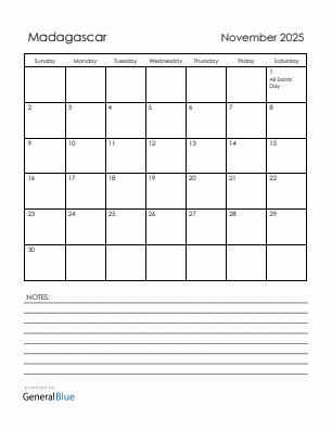Current month calendar with Madagascar holidays for November 2025