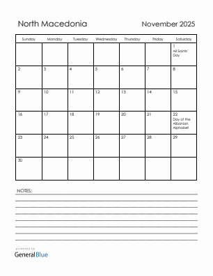 Current month calendar with North Macedonia holidays for November 2025