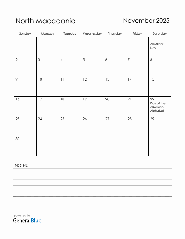 November 2025 North Macedonia Calendar with Holidays (Sunday Start)