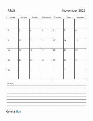 Current month calendar with Mali holidays for November 2025