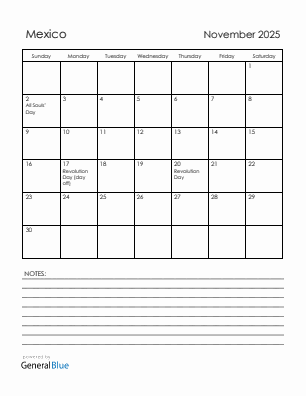 Current month calendar with Mexico holidays for November 2025