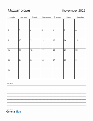 Current month calendar with Mozambique holidays for November 2025