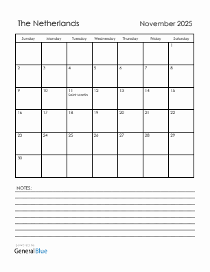 Current month calendar with The Netherlands holidays for November 2025