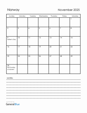 Current month calendar with Norway holidays for November 2025