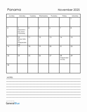 Current month calendar with Panama holidays for November 2025