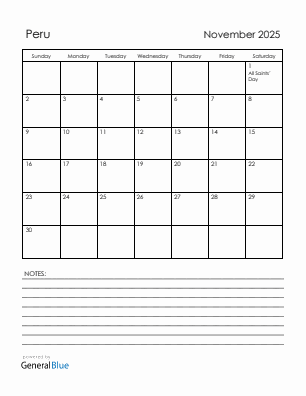 Current month calendar with Peru holidays for November 2025