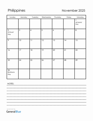 Current month calendar with Philippines holidays for November 2025
