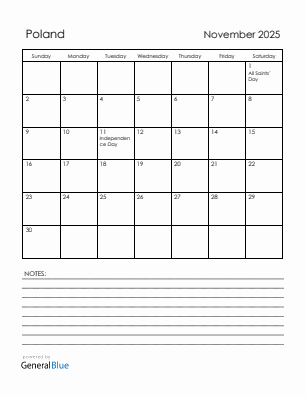 Current month calendar with Poland holidays for November 2025