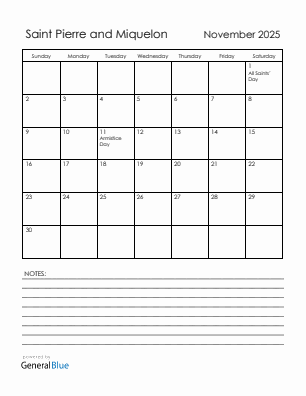 Current month calendar with Saint Pierre and Miquelon holidays for November 2025