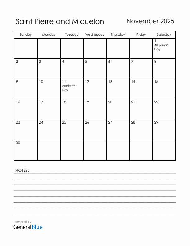 November 2025 Saint Pierre and Miquelon Calendar with Holidays (Sunday Start)