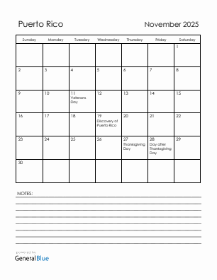 Current month calendar with Puerto Rico holidays for November 2025