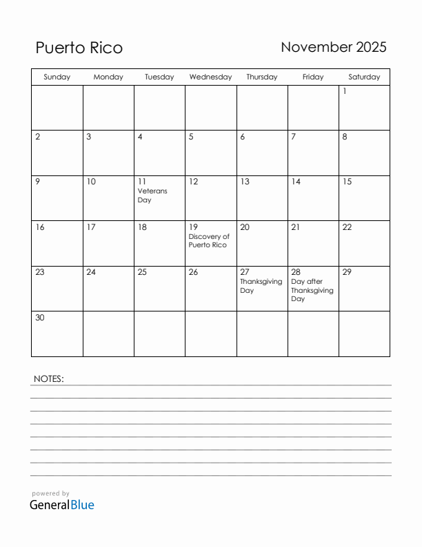 November 2025 Puerto Rico Calendar with Holidays (Sunday Start)