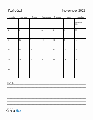 Current month calendar with Portugal holidays for November 2025