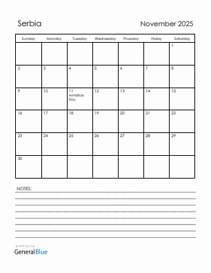 Current month calendar with Serbia holidays for November 2025