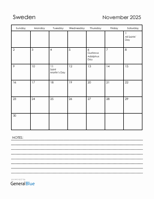 Current month calendar with Sweden holidays for November 2025