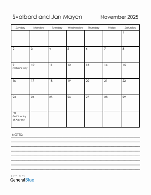 Current month calendar with Svalbard and Jan Mayen holidays for November 2025