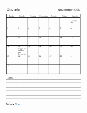 Current month calendar with Slovakia holidays for November 2025