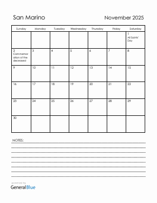 Current month calendar with San Marino holidays for November 2025