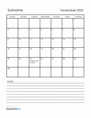 Current month calendar with Suriname holidays for November 2025