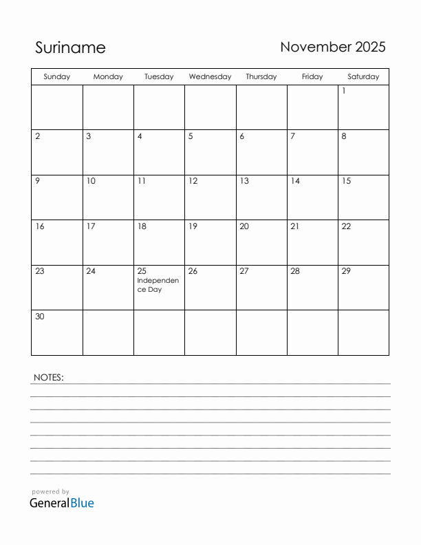 November 2025 Suriname Calendar with Holidays (Sunday Start)
