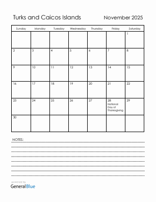 Current month calendar with Turks and Caicos Islands holidays for November 2025