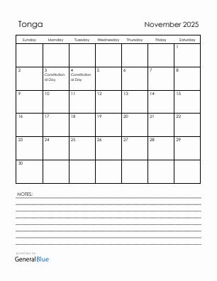 Current month calendar with Tonga holidays for November 2025
