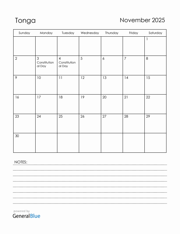 November 2025 Tonga Calendar with Holidays (Sunday Start)