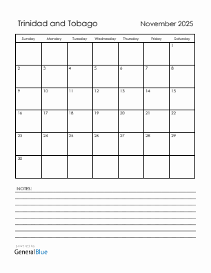 Current month calendar with Trinidad and Tobago holidays for November 2025