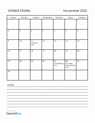 Current month calendar with United States holidays for November 2025