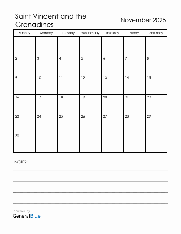 November 2025 Saint Vincent and the Grenadines Calendar with Holidays (Sunday Start)