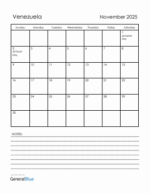 Current month calendar with Venezuela holidays for November 2025