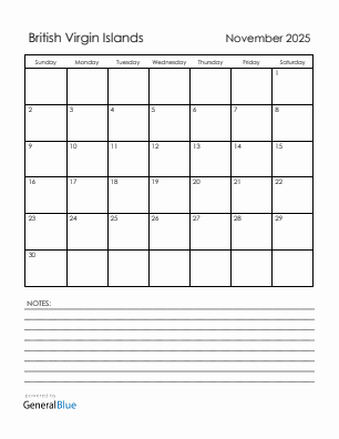 Current month calendar with British Virgin Islands holidays for November 2025