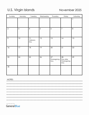Current month calendar with U.S. Virgin Islands holidays for November 2025