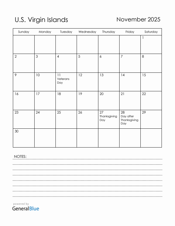 November 2025 U.S. Virgin Islands Calendar with Holidays (Sunday Start)