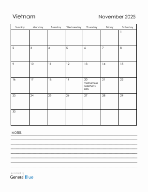 Current month calendar with Vietnam holidays for November 2025
