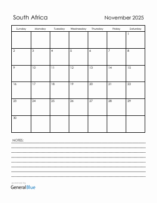 Current month calendar with South Africa holidays for November 2025