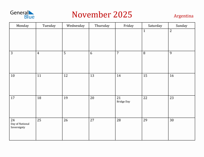 Argentina November 2025 Calendar - Monday Start