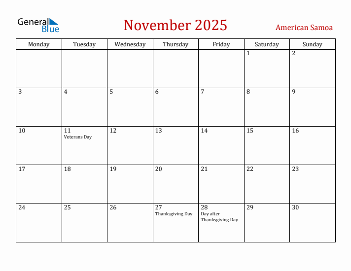 American Samoa November 2025 Calendar - Monday Start