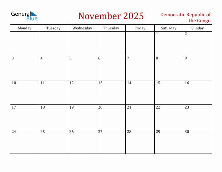 Democratic Republic of the Congo November 2025 Calendar - Monday Start