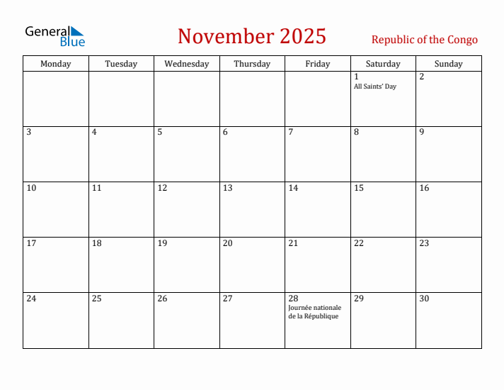 Republic of the Congo November 2025 Calendar - Monday Start