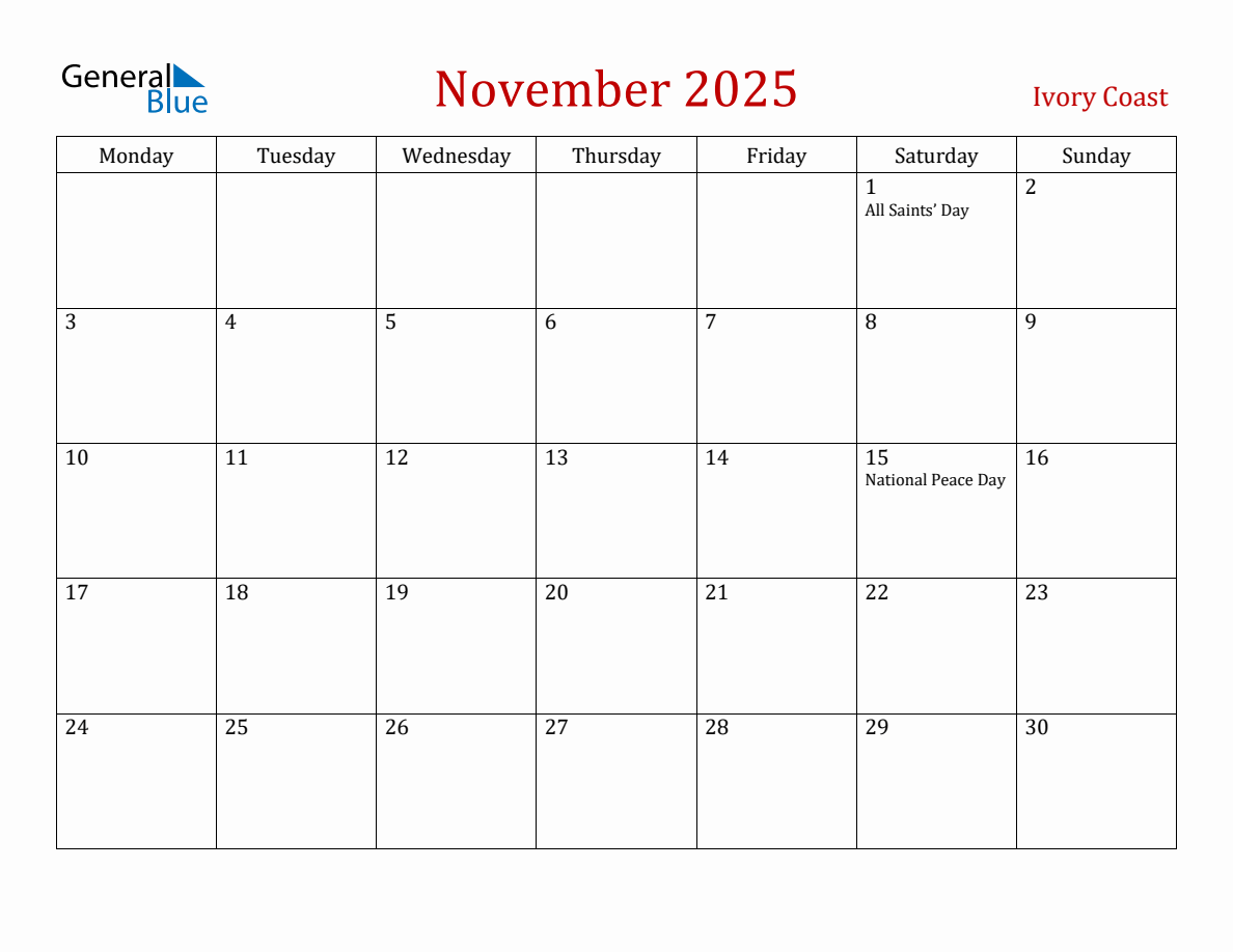 November 2025 Ivory Coast Monthly Calendar with Holidays (Monday Start)