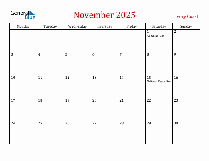 Ivory Coast November 2025 Calendar - Monday Start