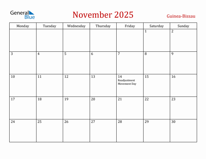 Guinea-Bissau November 2025 Calendar - Monday Start