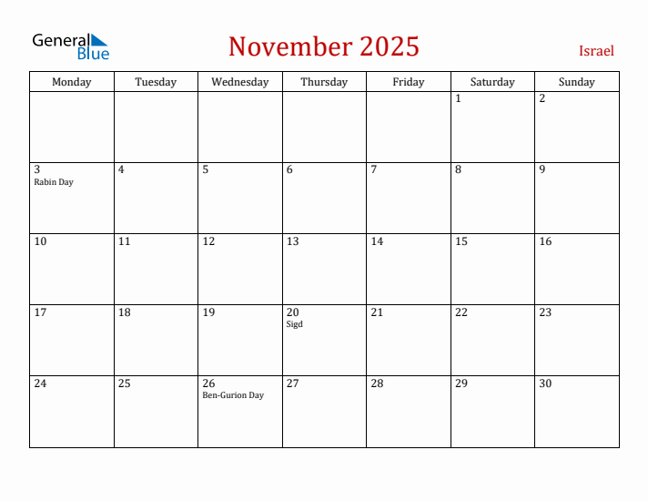 Israel November 2025 Calendar - Monday Start