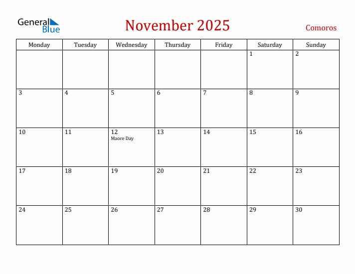 Comoros November 2025 Calendar - Monday Start