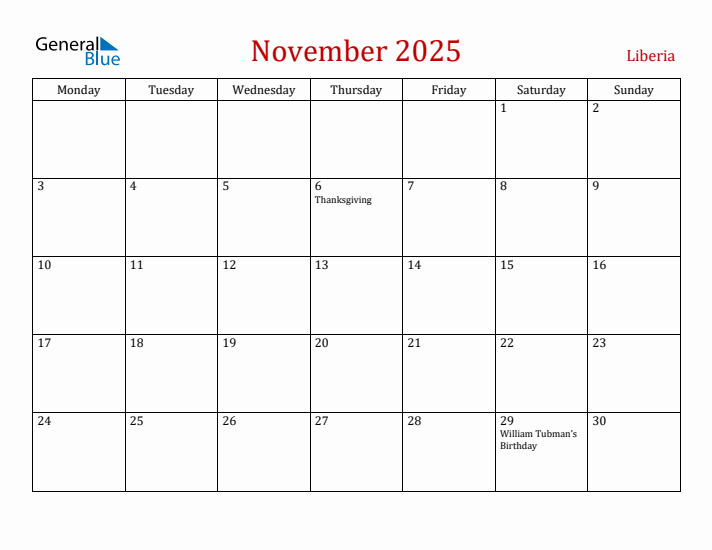 Liberia November 2025 Calendar - Monday Start