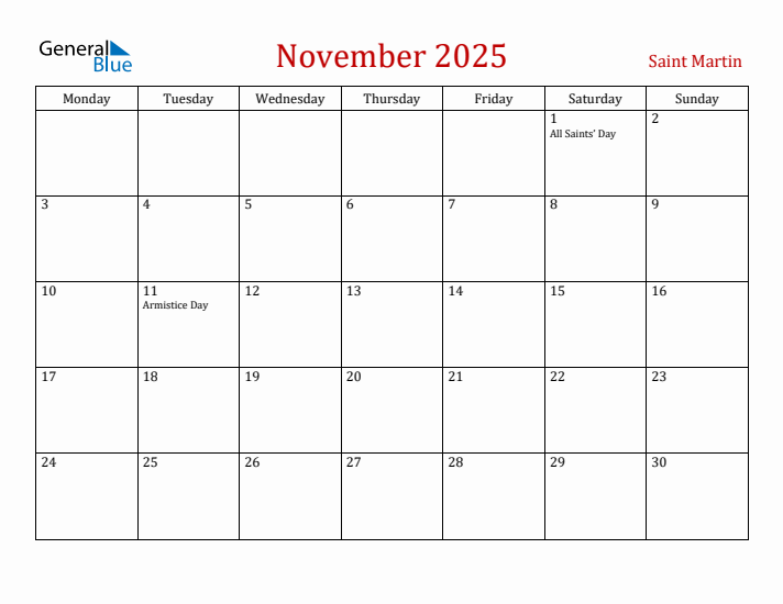 Saint Martin November 2025 Calendar - Monday Start
