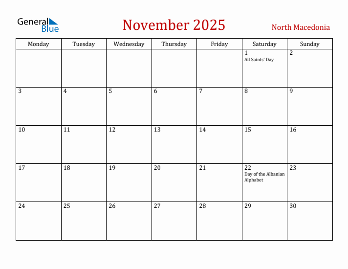 North Macedonia November 2025 Calendar - Monday Start