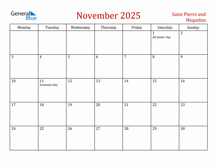 Saint Pierre and Miquelon November 2025 Calendar - Monday Start