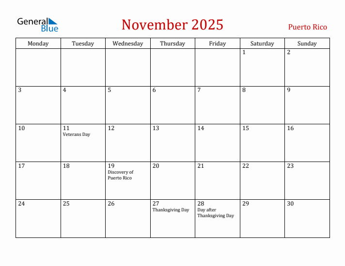 Puerto Rico November 2025 Calendar - Monday Start